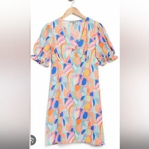 NWT! Spring Vintage Mod Bright Floral Women's Puff Sleeve Babydoll Mini Dress XS